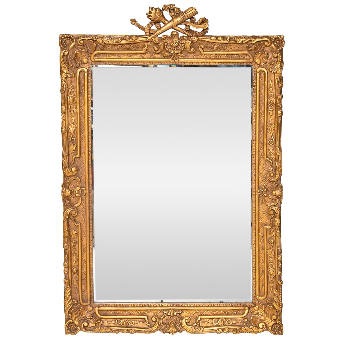 Vintage Louis XVI Style Gold Leaf Wall Mirror: Vintage Louis XVI Style Gold Leaf Wall Mirror, Having Flaming Torch Crossed with Quiver with Arrows Surrounded by Carved Flowers in Center, Sides, Top and Bottom Feature Carved Floral Designs, Carved 
