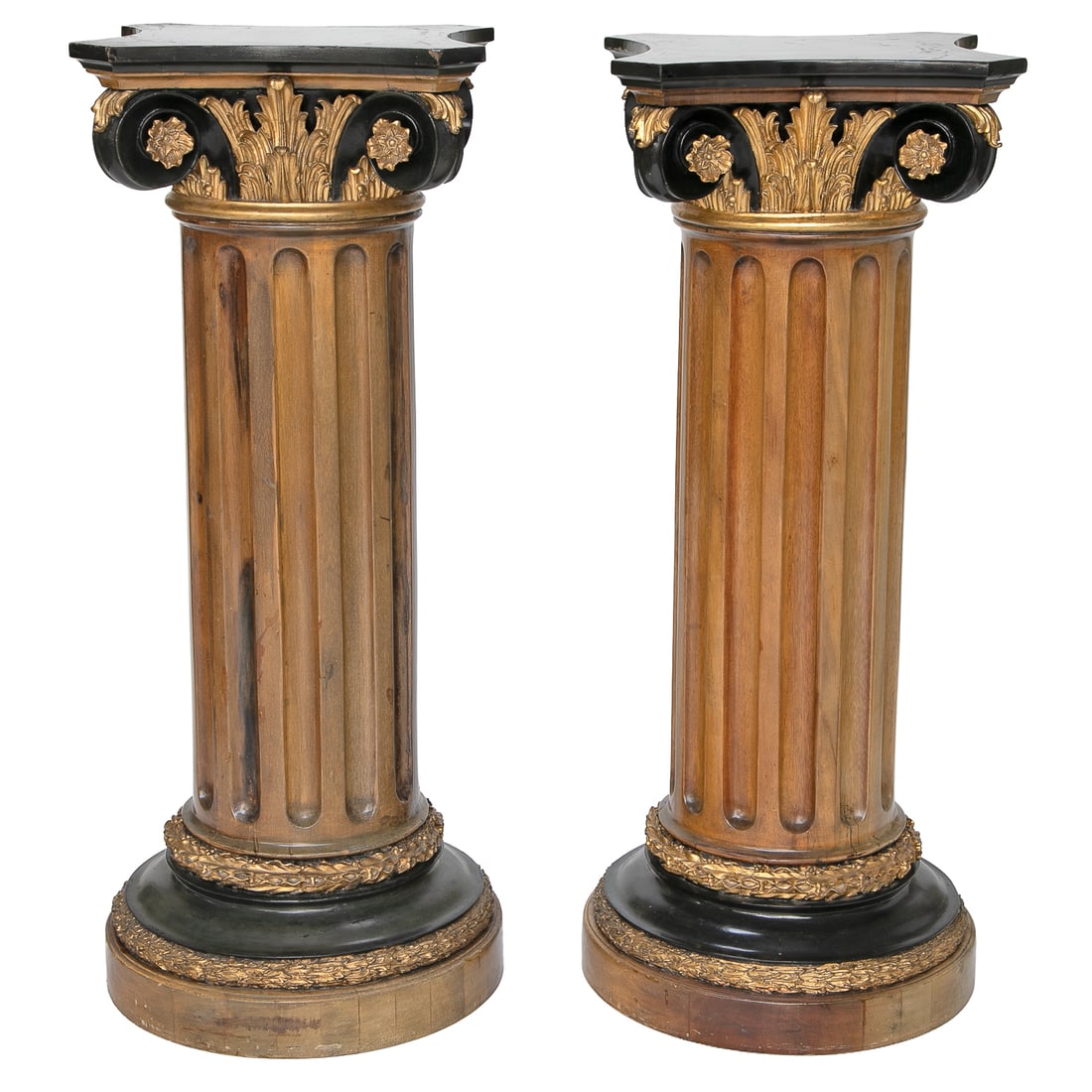 Vintage Ebony and Tan Painted and Carved Wood Pedestals, Pair: Vintage Ebony and Tan Painted and Carved Wood Pedestals, Pair, Having Ionic Form, Square Shaped Top, Scroll Corners Featuring Gold Leaf Floral Designs, Leaf Form Gold Leaf Top Sides, Fluted Bodies, Re