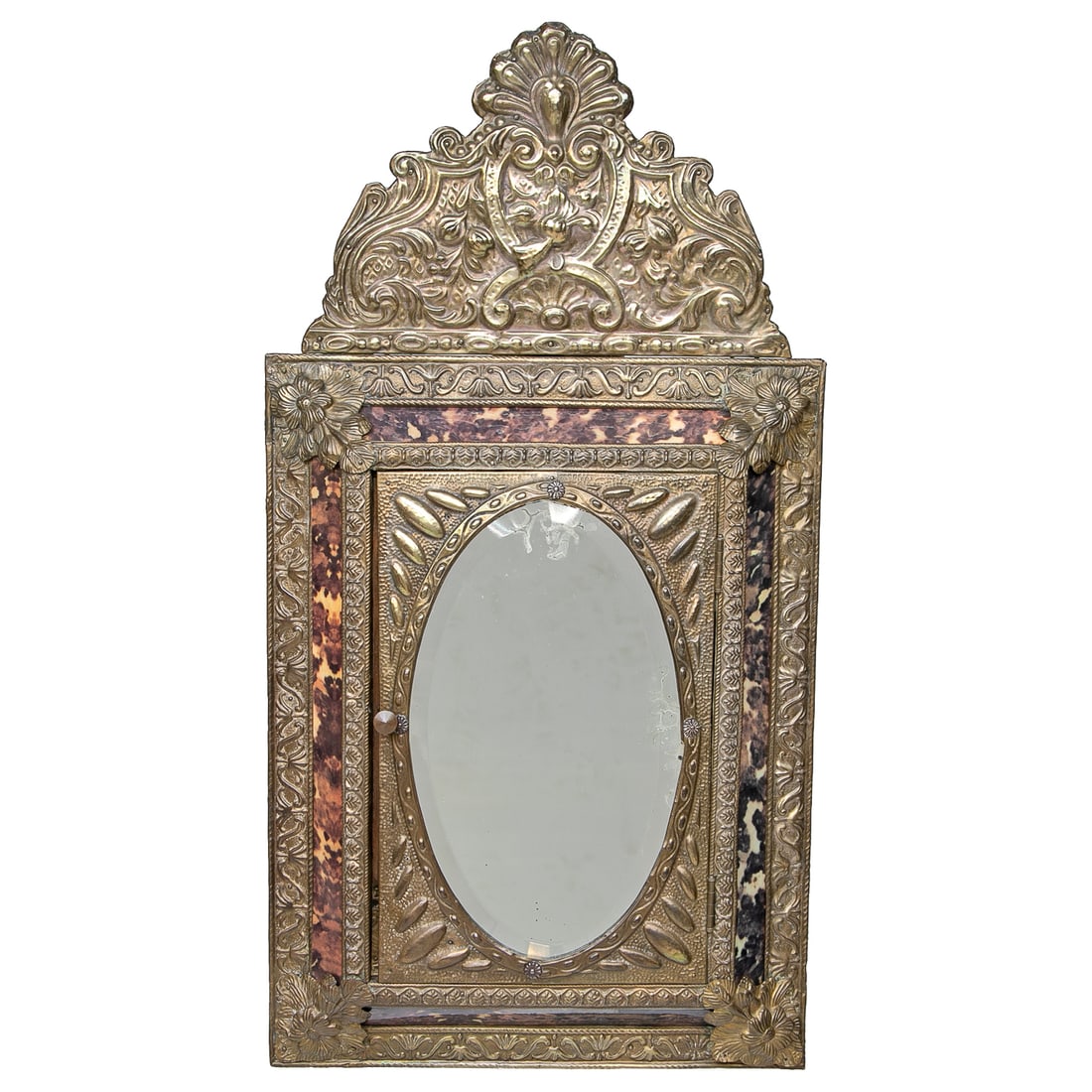 Vintage English Faux Tortoise Shell and Embossed Silver Plated Wall Mirror/Key Box: Vintage English Faux Tortoise Shell and Embossed Silver Plated Wall Mirror/Key Box, Having Silver Floral and Scroll Plume Top, Floral and Vine Border, Raised Faux Tortoise Shell Edge, Oval Beveled Mir