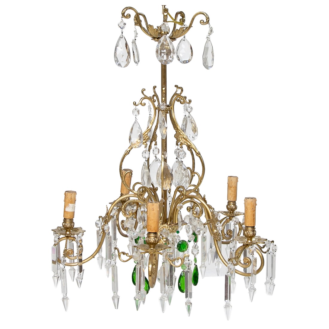 Vintage Louis XVI Style Brass and Crystal Five Branch Chandelier: Vintage Louis XVI Style Brass and Crystal Five Branch Chandelier, Having Tear Drop Prisms at Top, Scroll Vine Form Sides Featuring Tear Drop Prisms, Five Scroll Form Branches Featuring Fleur de Lis, L