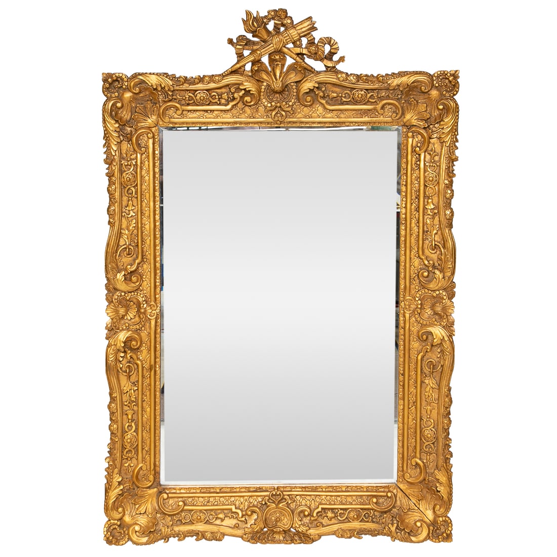 Vintage Louis XVI Style Gold Leaf Wall Mirror: Vintage Louis XVI Style Gold Leaf Wall Mirror, Having Flaming Torch Crossed with Quiver with Arrows Surrounded by Carved Flowers in Center, Sides, Top and Bottom Feature Carved Floral Designs, Carved 