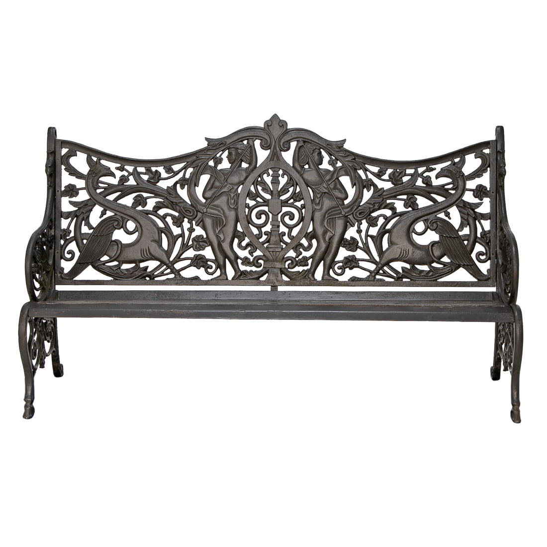 Vintage Bronze and Iron Garden Bench: Vintage Bronze and Iron Garden Bench, Having Neoclassical Figures Flanking Pierced Open Oval Center, Shaped Top Rail, Birds Surrounded by Leaf Designs, Slat Style Seat, Bird Head Top Arm Support, Open