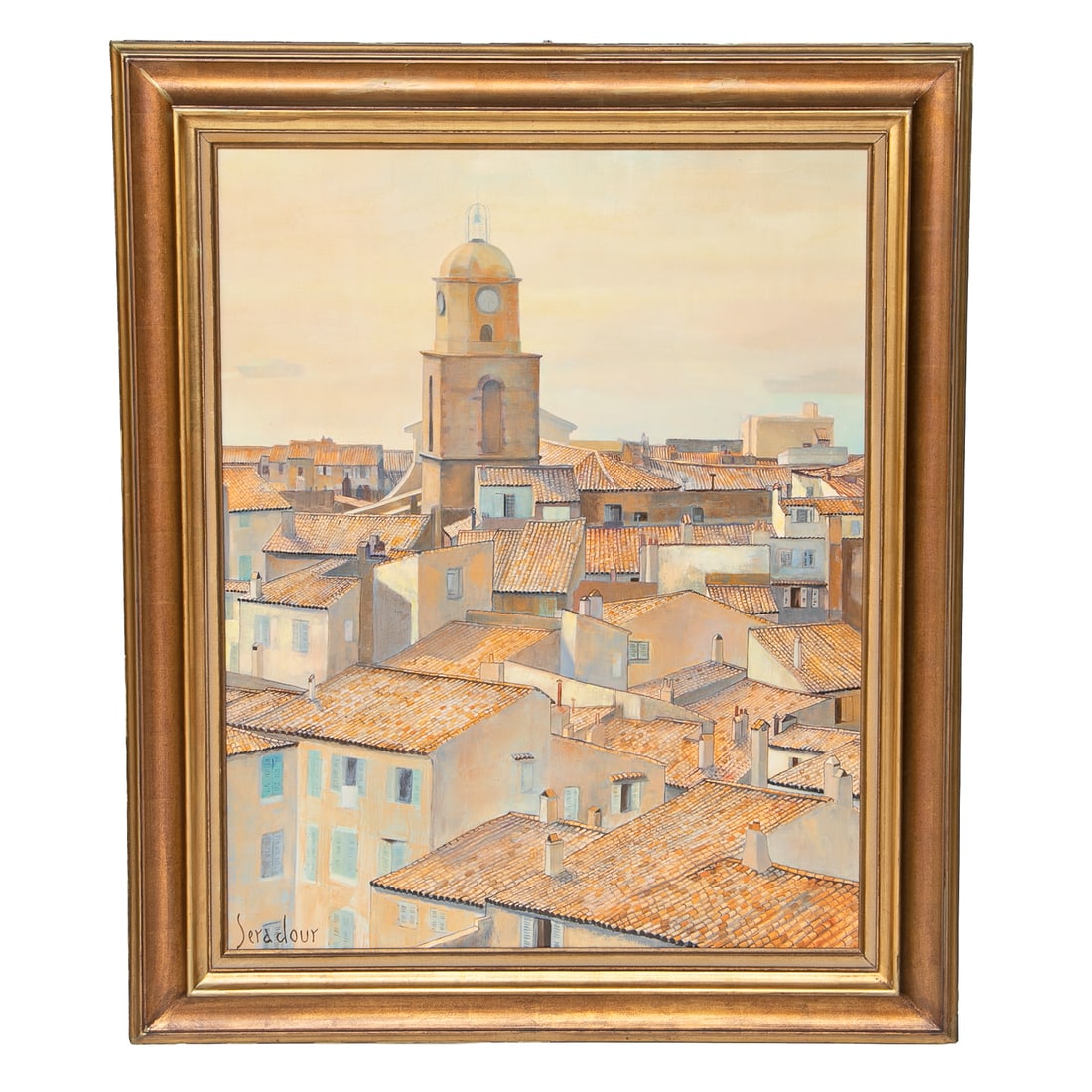 Guy Seradour (French, 1922-2007) Village Rooftop Scene, Oil on Canvas: Guy Seradour (French, 1922-2007) Village Rooftop Scene, Oil on Canvas, Depicting Roof Tops of Village, in Terracotta and Neutral Colors, Signed Lower Left, Housed in Burnished Gold Leaf Frame Featurin