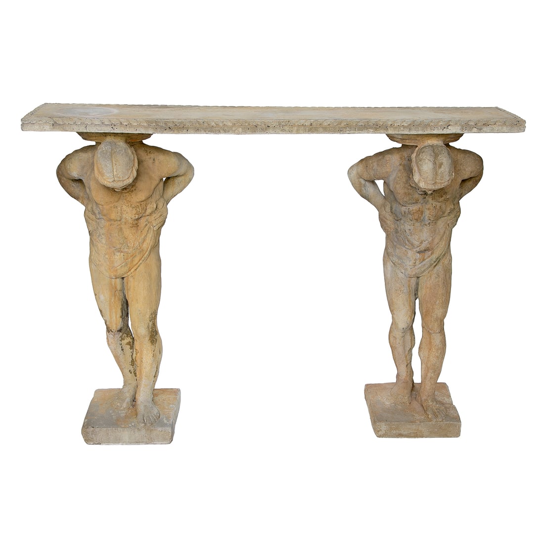 Pair of Male Figures with Slab on Top Console Table: Vintage Cast Stone Double Atlantes Figure Console Table, Having Rectangular Slab Top Featuring Twisted Rope Edge, Atlantes Figure at Each End, Male Draped in Loin Cloth, Hands on Hips, Head Bowed, Car