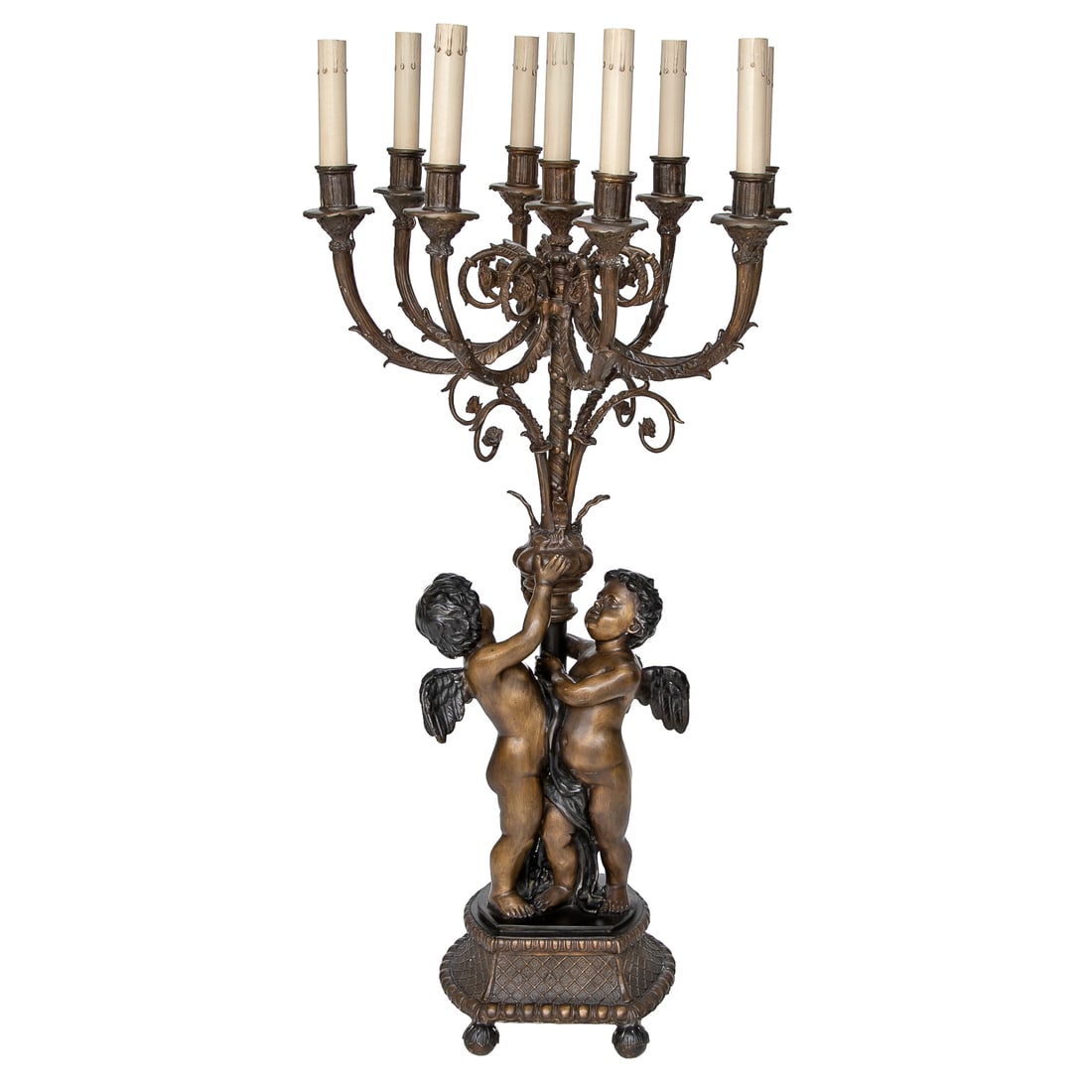 Vintage Bronze Putti Electrified Candelabra: Vintage Bronze Putti Electrified Candelabra, Having Two Putti One Facing Front One Facing Back, Holding Urn Form Center, One Center Support Featuring Twisted Cord Design Ending in One Fluted Cup and B