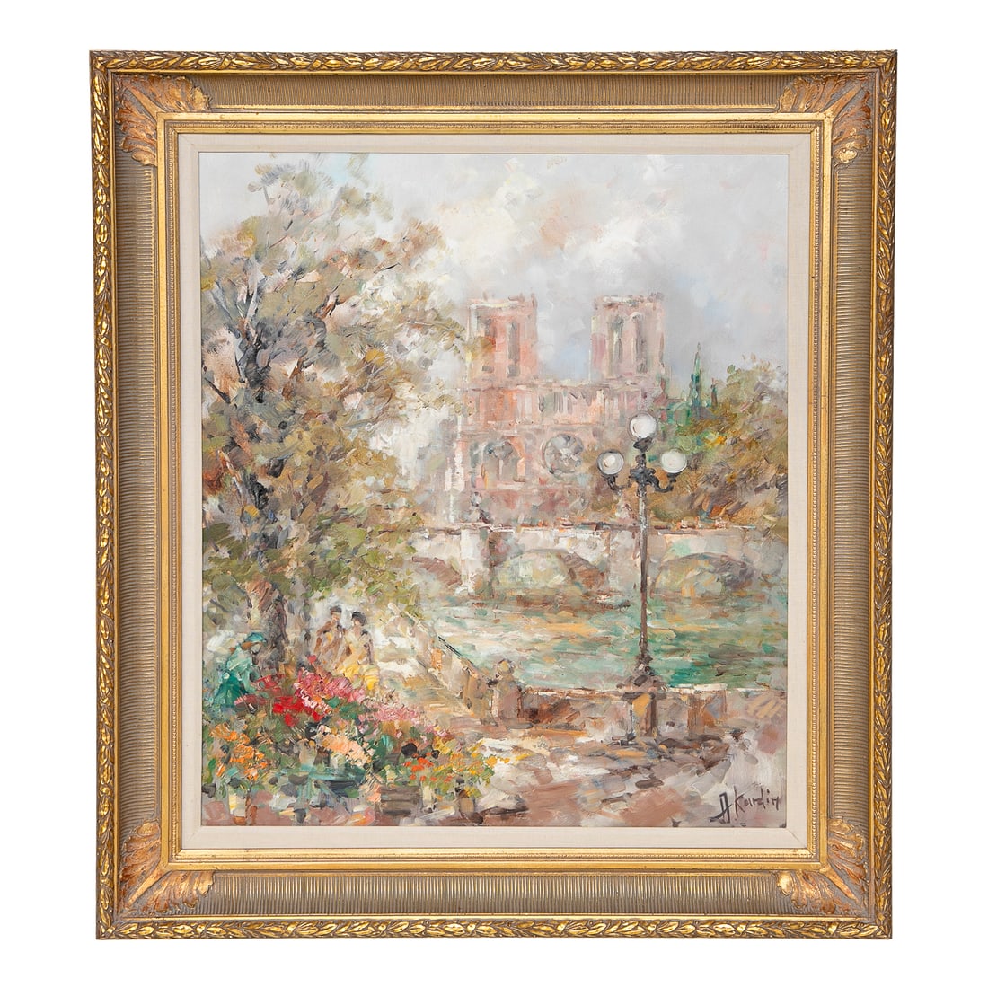 Alexander Kardin, (Germany, 1917-) Paris Street, Oil on Canvas: Alexander Kardin, (Germany, 1917-1994) Paris Street, Oil on Canvas, Depicting Street Scene with Notre Dame in Background and Young Couple Under a Tree, Signed Lower Right, Housed in Burnished Gold Lea
