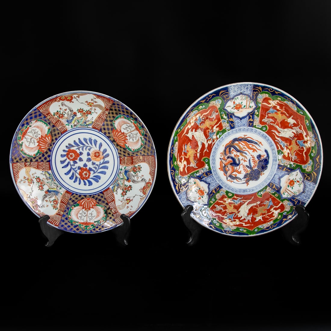 Late 19th C. Japanese Imari Plates, Two Total: Late 19th C. Japanese Imari Plates, Two Total, Includes One Circular Plate Having Bittersweet Floral and Cobalt Blue Leaf Center Designs, Blue Borders, Surrounded by Alternating Fan Shape Panels with 
