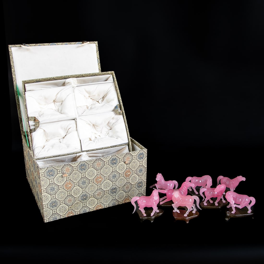 Vintage Chinese Carved Rose Quartz Horse Figures, Eight Total: Vintage Chinese Carved Rose Quartz Horse Figures, Eight Total, Each Horse in Different Position, Each Horse Having Custom Carved Rosewood Stand, All Housed in Fabric Covered Decorative Storage Box, Ho