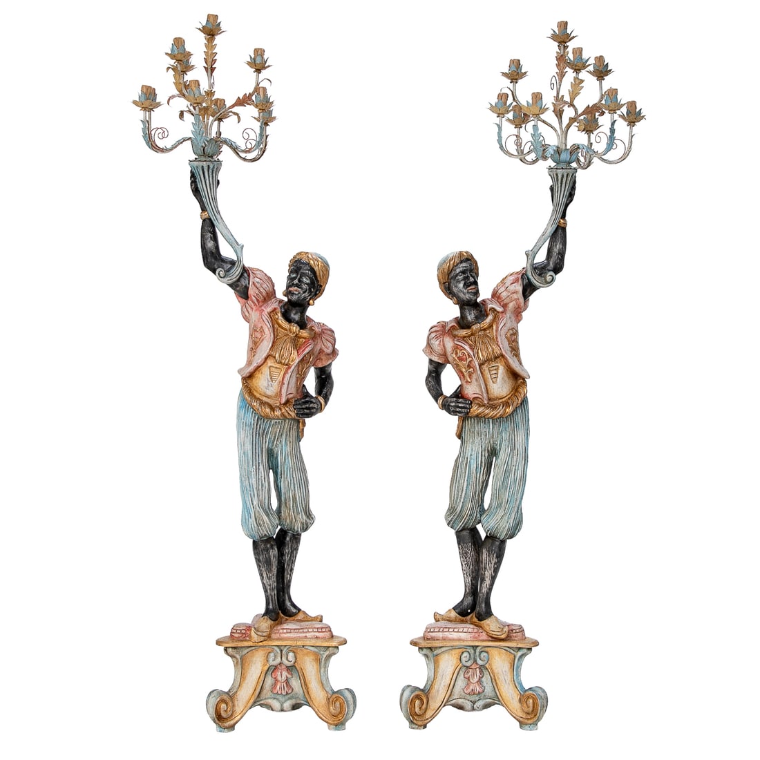 Pair of Vintage Italian Carved Painted Blackamoor Figure Torcheres, Pair: Pair of Vintage Italian Carved Painted Blackamoor Figure Torcheres, Pair, Having Carved Blackamoor Figures Wearing Pale Blue Pantaloons, Pink Blouse Featuring Gold Leaf Accents, Holding Pale Blue Scro