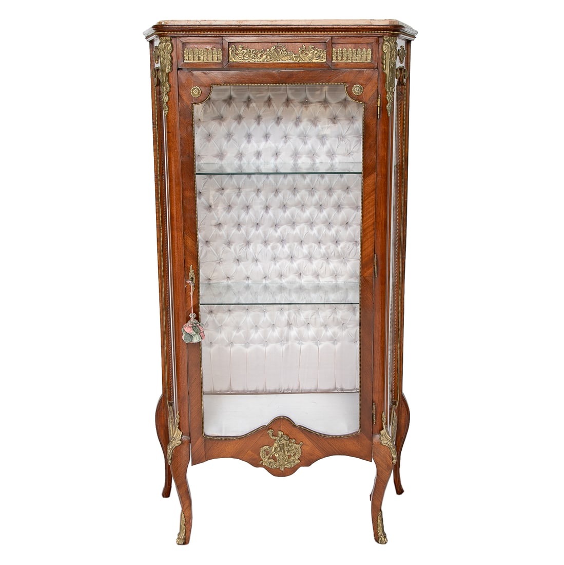 Louis XV Kingswood Marble Top Vitrine: Late 19th/Early 20th C. Louis XV Style Kings Wood Marble Top Vitrine, Having Salmon Color Shaped Molded Edge Marble Top, Glass Front and Sides, Bronze Mounted Rosettas, Floral and Leaf Designs, Beaded