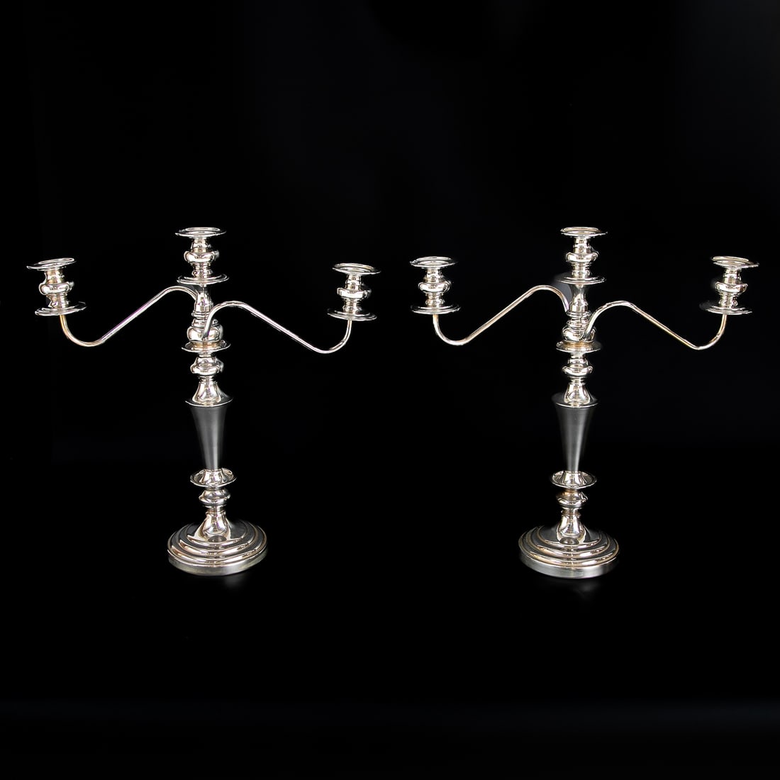 Vintage English Silver Manufacturing Corporation, USA, Silver Plated Candelabra, Pair: Vintage English Silver Manufacturing Corporation, USA, Silver Plated Candelabra, Pair, Having One Center Cup and Bobeche Resting on Turned Center Columnar Support, Detachable Upper Center Cup and Bobe