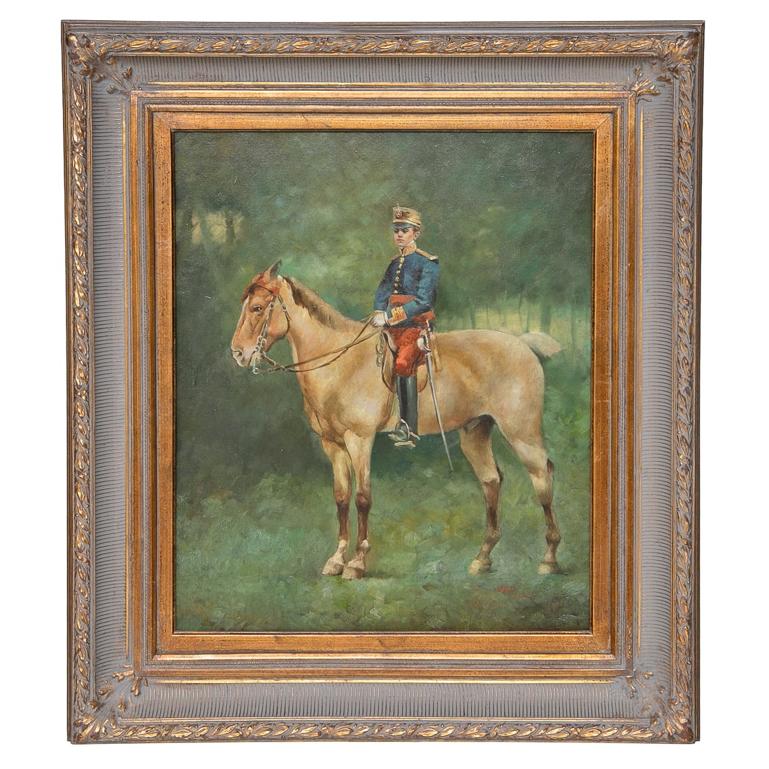 French Soldier on Horseback, Oi on Canvas: French Soldier on Horseback, Oi on Canvas, Depicting Young French Soldier, Sword in Sheath Sitting on Bobbed Tail Horse, Signed Lower Right, Housed in Burnished Gold Leaf Frame Featuring Fluted and Le