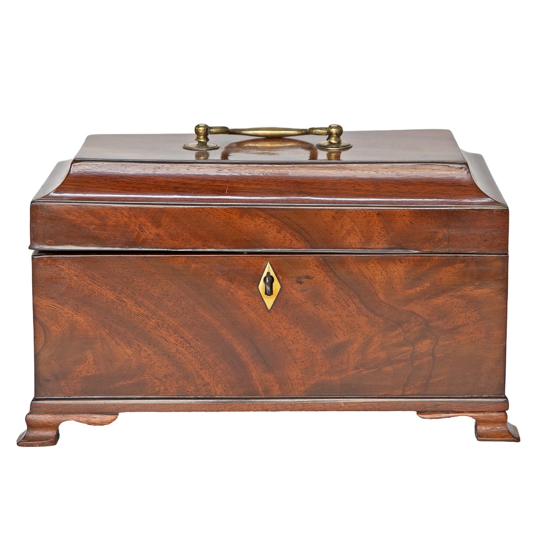 Late 19th C. English Mahogany Georgian Style Tea Caddy: Late 19th C. English Mahogany Georgian Style Tea Caddy, Having Stepped Up Top, Brass Bail Pull, Brass Escutcheon, Interior Reveals Three Tea Compartments Featuring Ebony String Inlays on Edges, Bone K