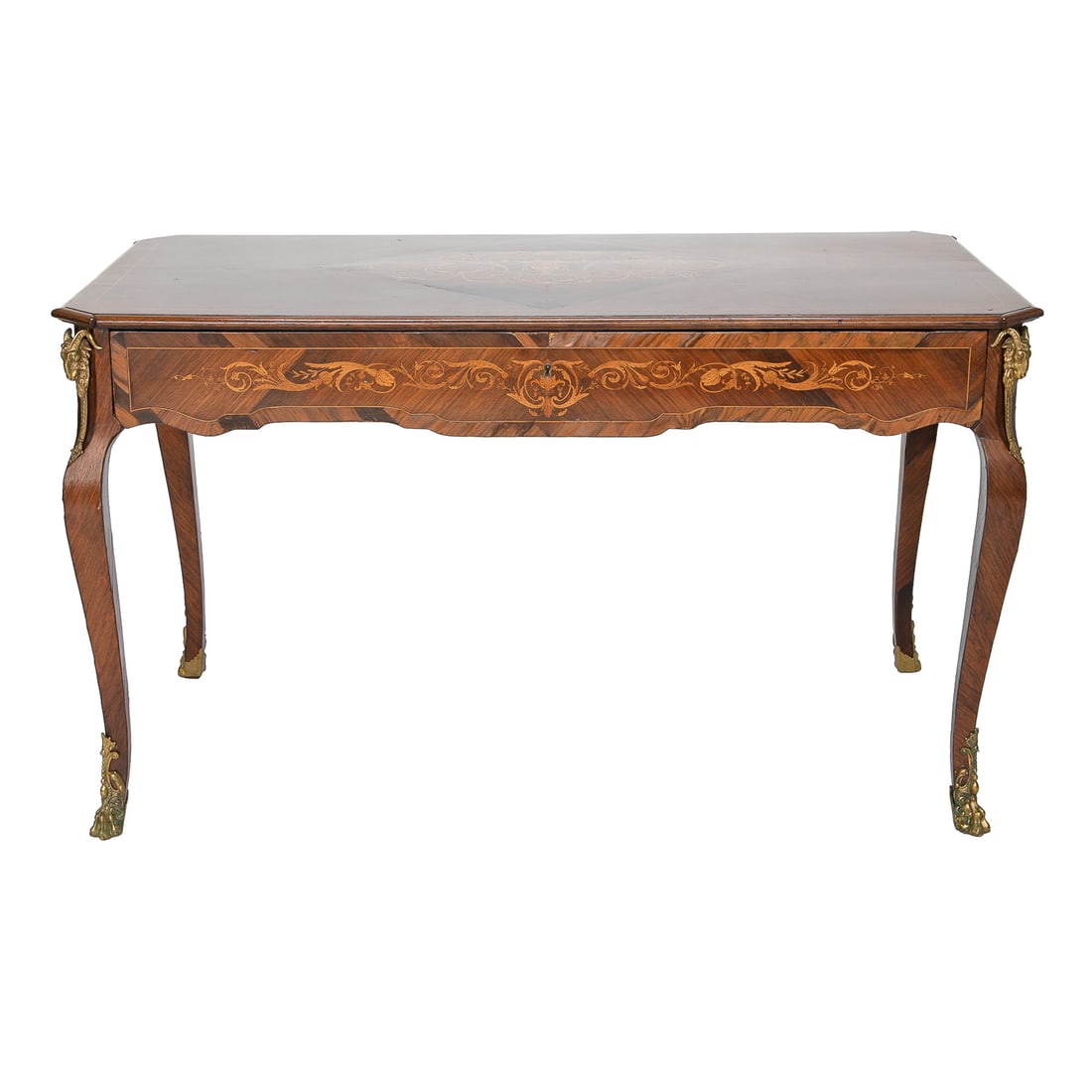 Late 19th/Early 20th C. Walnut and Mahogany Inlaid Italian Neoclassical Style Writing Desk: Late 19th/Early 20th C. Walnut and Mahogany Inlaid Italian Neoclassical Style Writing Desk, Having Shaped Top Featuring Mahogany Diamond in Center, Satinwood String Inlays Around Edges, Center of Diam