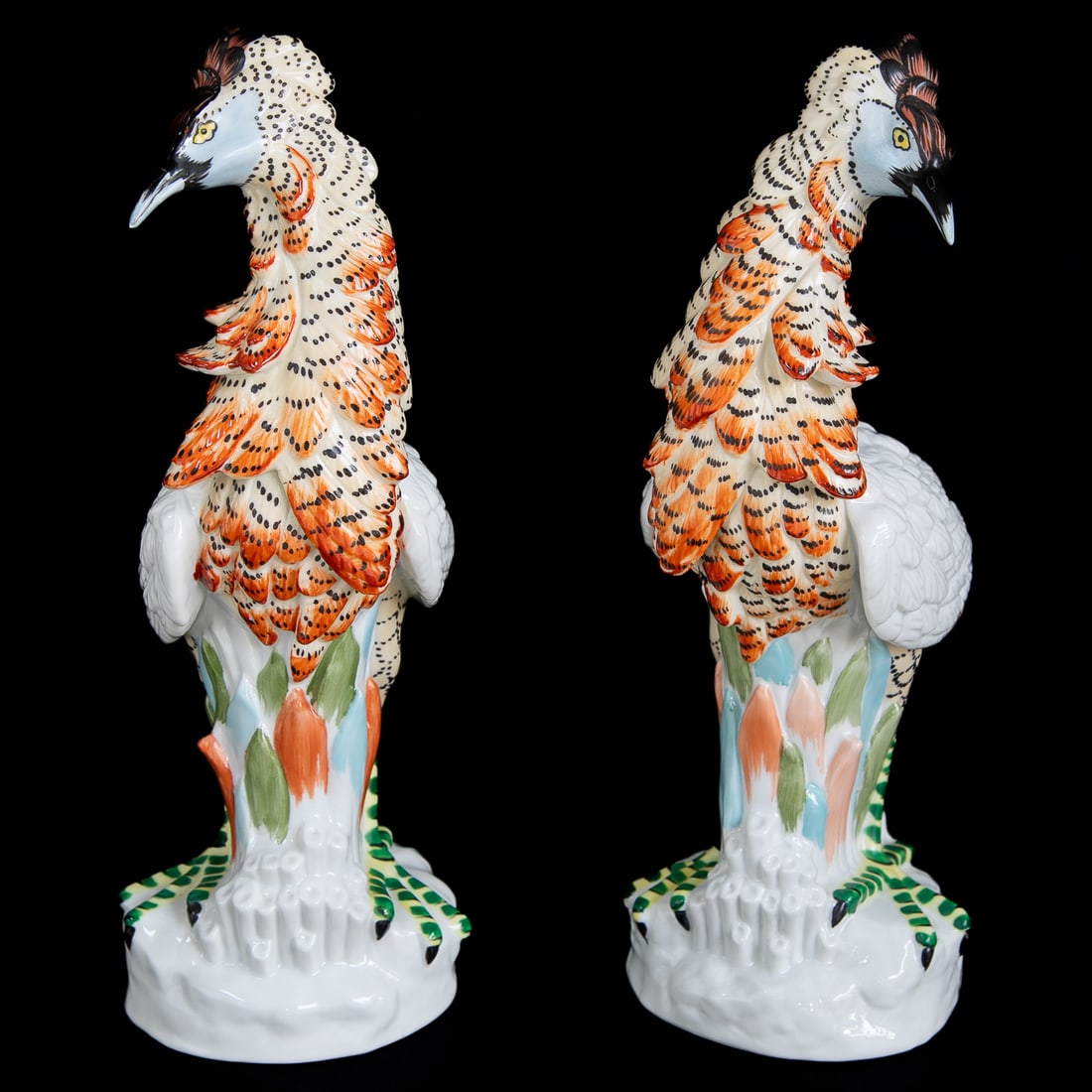 Vintage Mottahedah Porcelain Exotic Bird Figurines, Pair: Vintage Mottahedah Porcelain Exotic Bird Figurines, Pair, One Facing Left and One Facing Right, Having Ebony Crests, Orange Plume Like Necks, White Bodies, Yellow and Green Stripe Feet, Standing on Gr