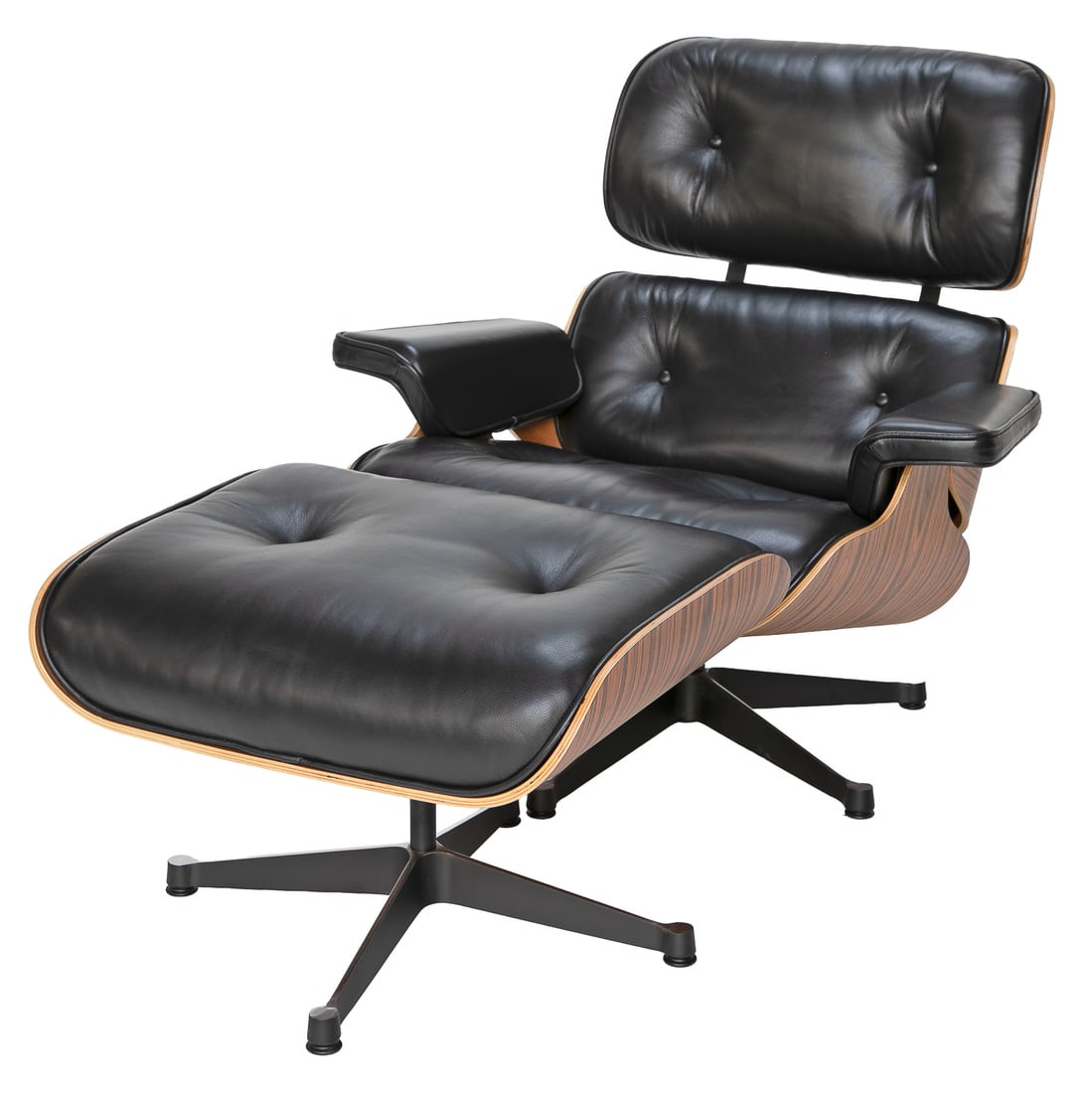 Eames Style Ebony Leather Lounge Chair and Matching Ottoman, Two Pieces Total: Eames Style Ebony Leather Lounge Chair and Matching Ottoman, Two Pieces Total, Includes Lounge Chair Having Ebony Tufted Leather Back and Seat, Ebony Leather Arms, Metal Support Braces, Resting on Met
