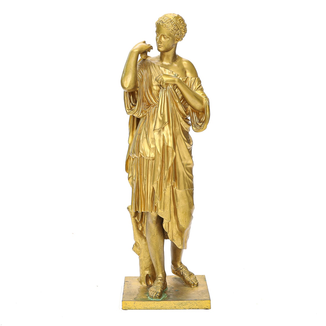 Late 19th C. Gilt Bronze Sculpture Depicting Diana de Gabii: Late 19th C. Gilt Bronze Sculpture Depicting Diana de Gabii, Standing by Tree Form, Holding Robe in Front and at Top, Reduction Mecanique Foundry Stamp Located on Bottom, Resting on Rectangular Base. 
