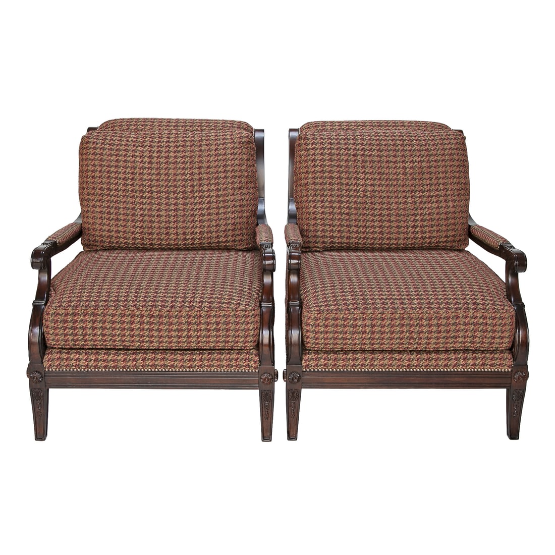 Vintage Henry Link Trading Company for Lexington Home Brands Occasional Arm Chairs, Pair: Vintage Henry Link Trading Company for Lexington Home Brands Occasional Arm Chairs, Pair, Having Straight Top Rail, Mahogany Frame, Upholstered Manchettes, Scroll Arms Featuring Reeded Sides and Leaf 