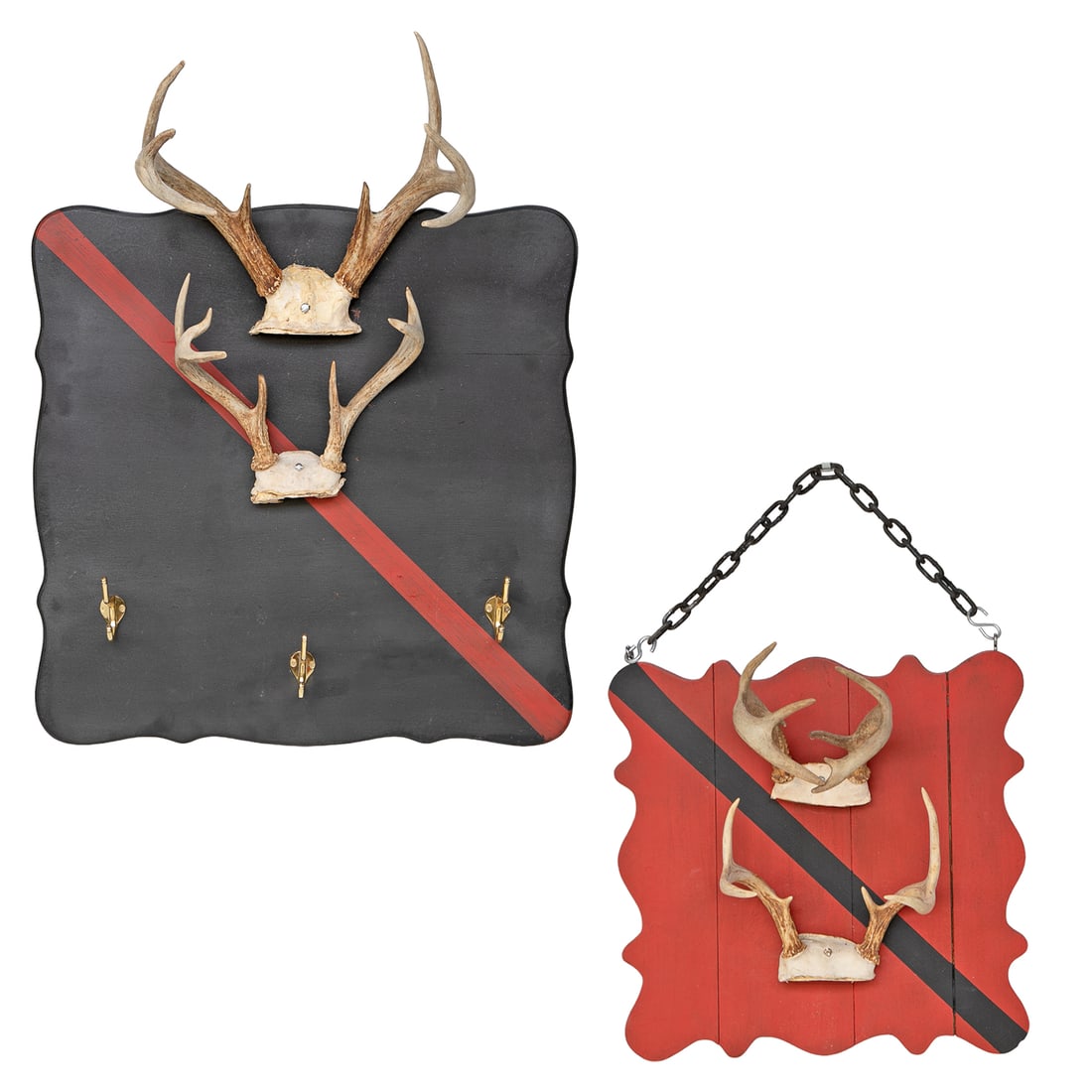Vintage White Tail Deer Skull Mounted Hat/Coat Racks, Two Total: Vintage White Tail Deer Skull Mounted Hat/Coat Racks, Two Total, Includes One Ebony Painted Shaped Hat/Coat Rack Featuring Red Stripe,Two Skull Mounts Atop Three Brass Coat Rack Hangers, 29" High, 23.