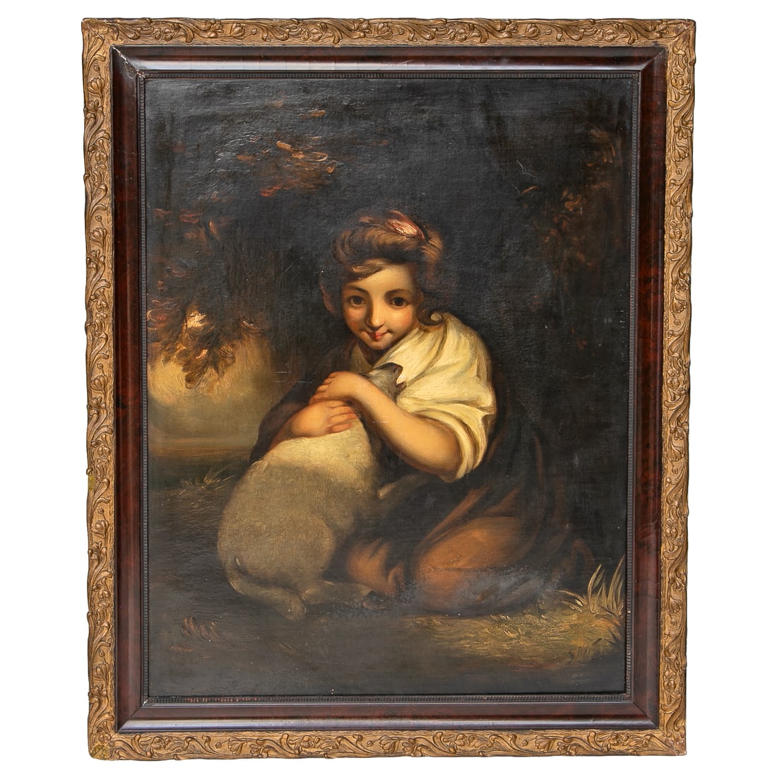Antique Barnyard Portrait Scene, Oil on Canvas: Antique Barnyard Portrait Scene, Oil on Canvas, Depicting Young Female Seated Outside Holding Baby Lamb, Housed in Wood and Burnished Gold Leaf Frame Featuring Leaf Designs. 42" High, 34.25" Wide, 2" 