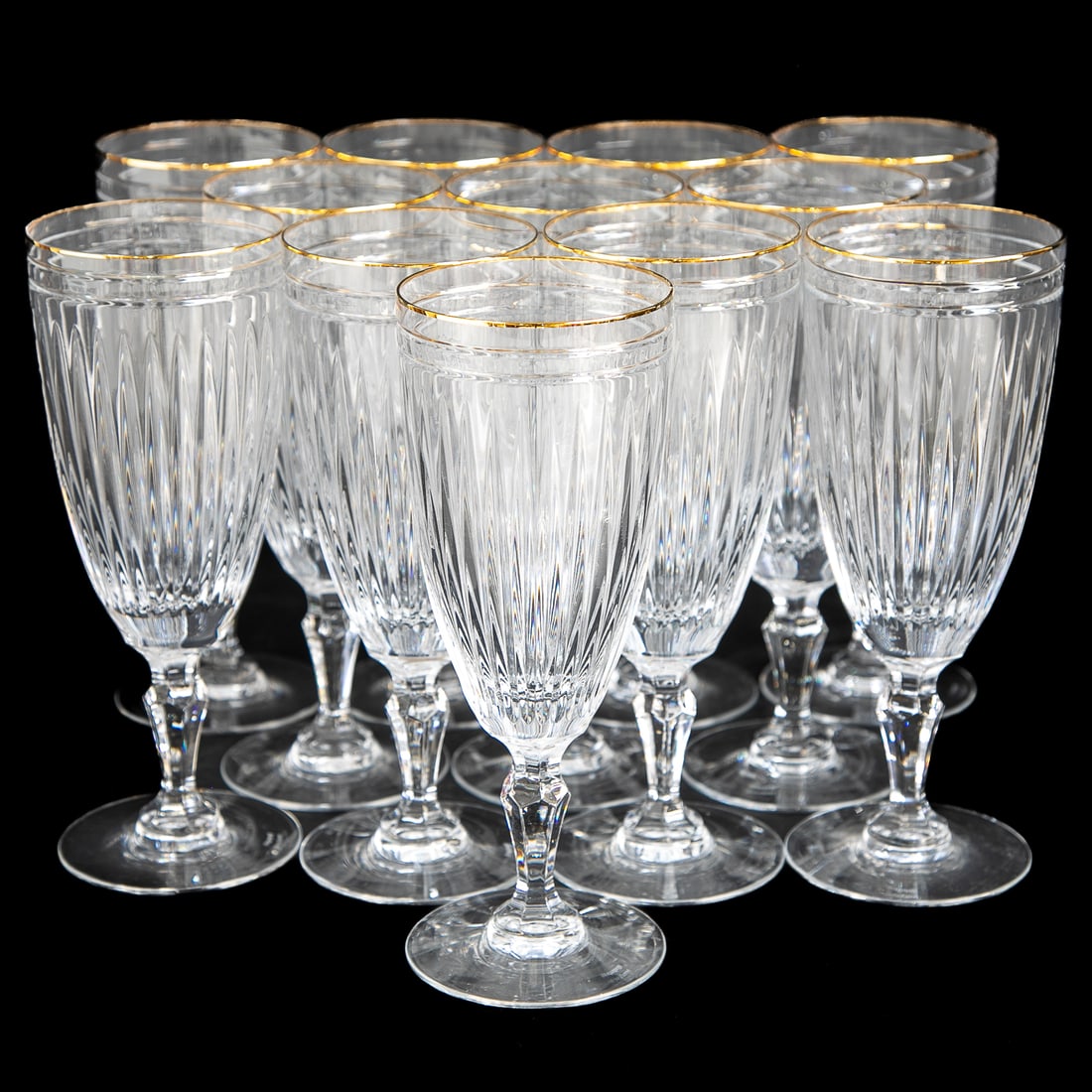 Waterford Crystal Hanover Gold Iced Tea Glasses, Twelve Total: Waterford Crystal Hanover Gold Pattern Iced Tea Glasses, Twelve Total, Having Gold Rims at Top, Marked on Bottoms. 8.25" High, 3" Diameter