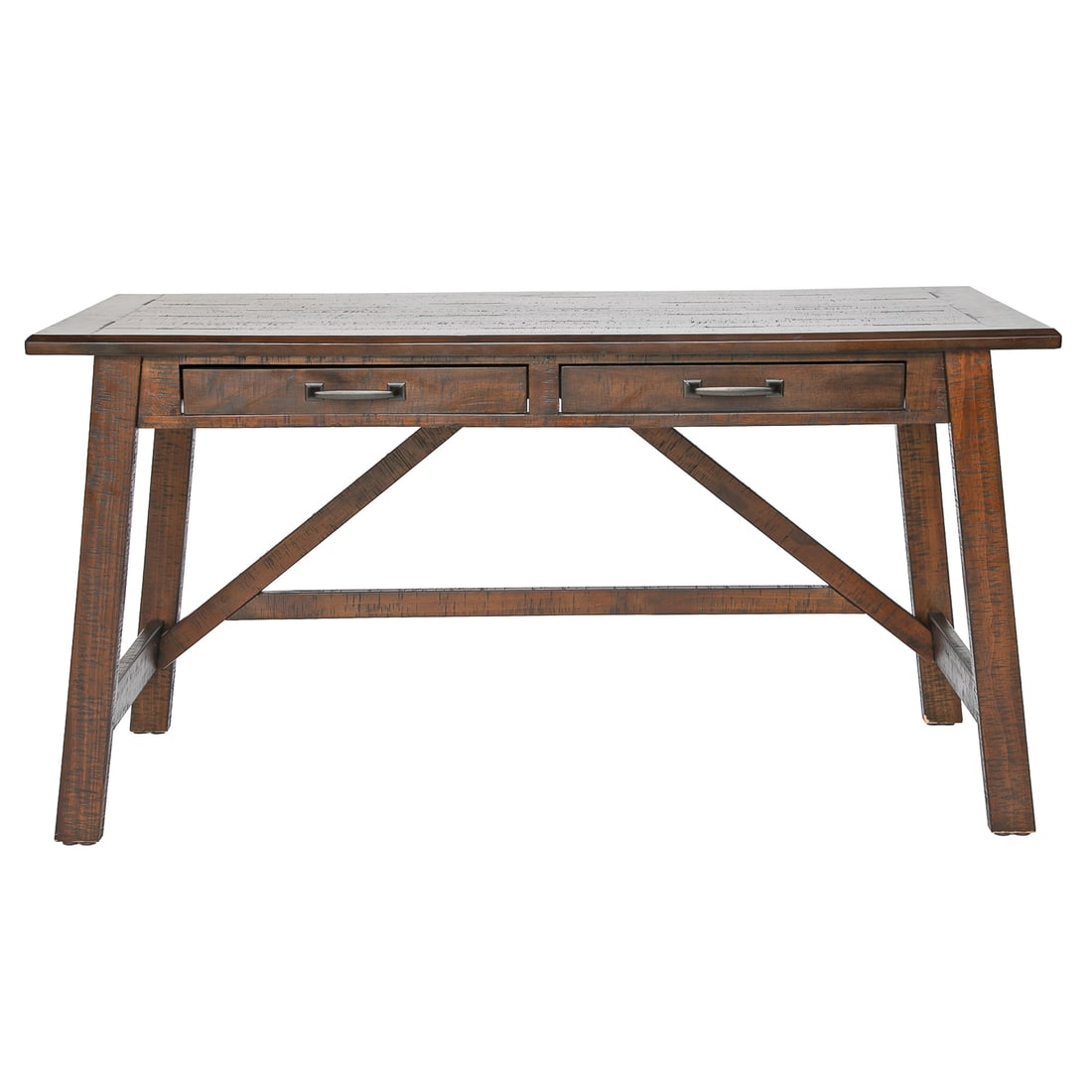 Contemporary Acacia Wood Writing Desk: Contemporary Acacia Wood Writing Desk, Having Plank Style Top, Two Drawers Featuring Dark Brass Pulls, Splay Square Legs, A Shaped Back Support. Cross Support Stretchers. 31.5" High, 60.25" Wide, 26" 