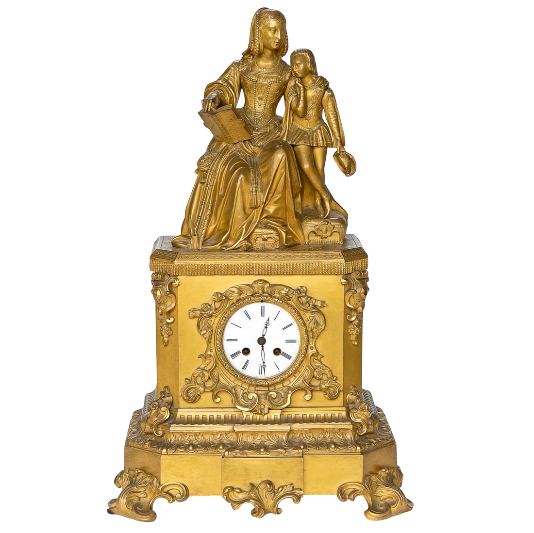 Late 19th C. French Style Gilt Spelter Mantel Clock: Late 19th C. French Style Gilt Spelter Mantel Clock, Having Elegantly Dressed Young Mother Holding Book and Reading to Standing Young Son, Son Standing on French Upholstered Stool, Both Figures Restin
