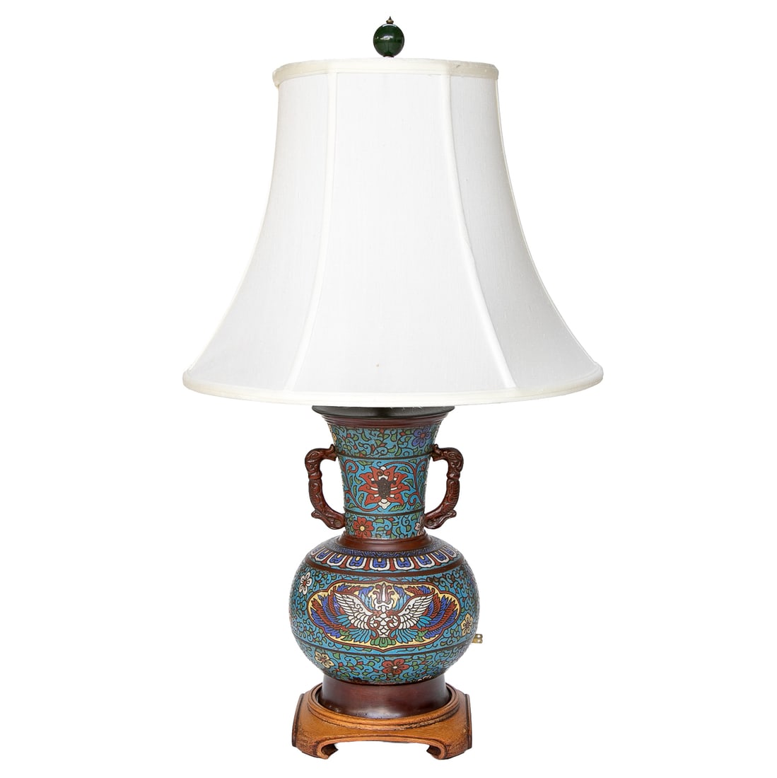 Vintage Chinese Cloisonne Table Lamp: Vintage Chinese Cloisonne Table Lamp, Having Turquoise Ground Featuring Multi Color Floral Neck, Ruyi Design Top Border, Metal Bird Handles, White Bird Panels Surrounded by Floral and Leaf Designs, Re