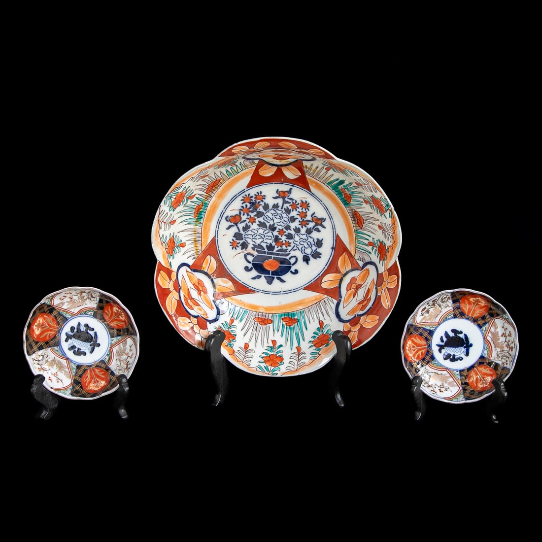 Late 19th C. Japanese Imari Bowls, Three Total: Late 19th C. Japanese Imari Bowls, Three Total, Includes One Larger Bowl Having Cobalt Blue and Bittersweet Center Floral Arrangement, Surrounded by Alternating Floral Panels, Exterior Features Same A