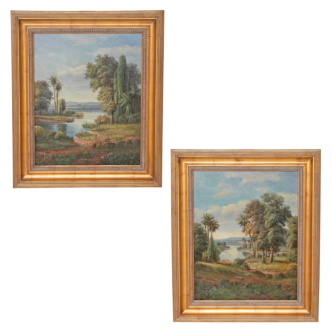 Landscape Scenes, Oil on Canvas, Pair: Landscape Scenes, Oil on Canvas, Pair, Depicting Pond Surrounded by Trees and Foliage, One Signed Lower Right and One Signed Lower Left, Housed in Burnished Gold Leaf Frames Featuring Reeded Edges. 39