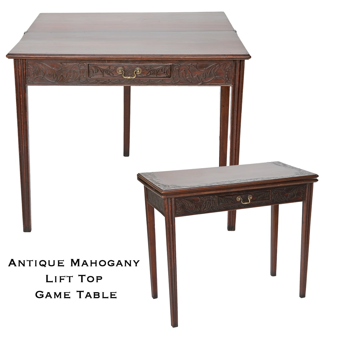 Antique Mahogany Lift Top Carved Game Table: Antique Mahogany Lift Top Carved Game Table, Having Floral and Leaf Carved Top, One Center Drawer Featuring Carvings and Brass Bail Pull, Carved Frieze, Solid Wood Playing Surface, Pull Out Support Le