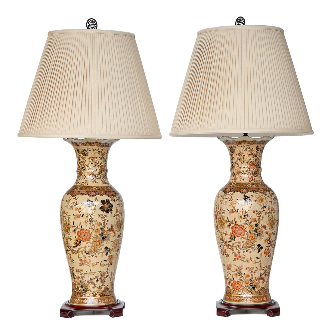 Chinese Porcelain Vases Converted Into Table Lamps, Pair: Chinese Porcelain Vases Converted Into Table Lamps, Pair, Having Scalloped Edge Top, Tan Ground, Multi Color Floral Design Top, Darker Borders, Multi Color Floral Body, Floral Lower Rim, Resting on Wo