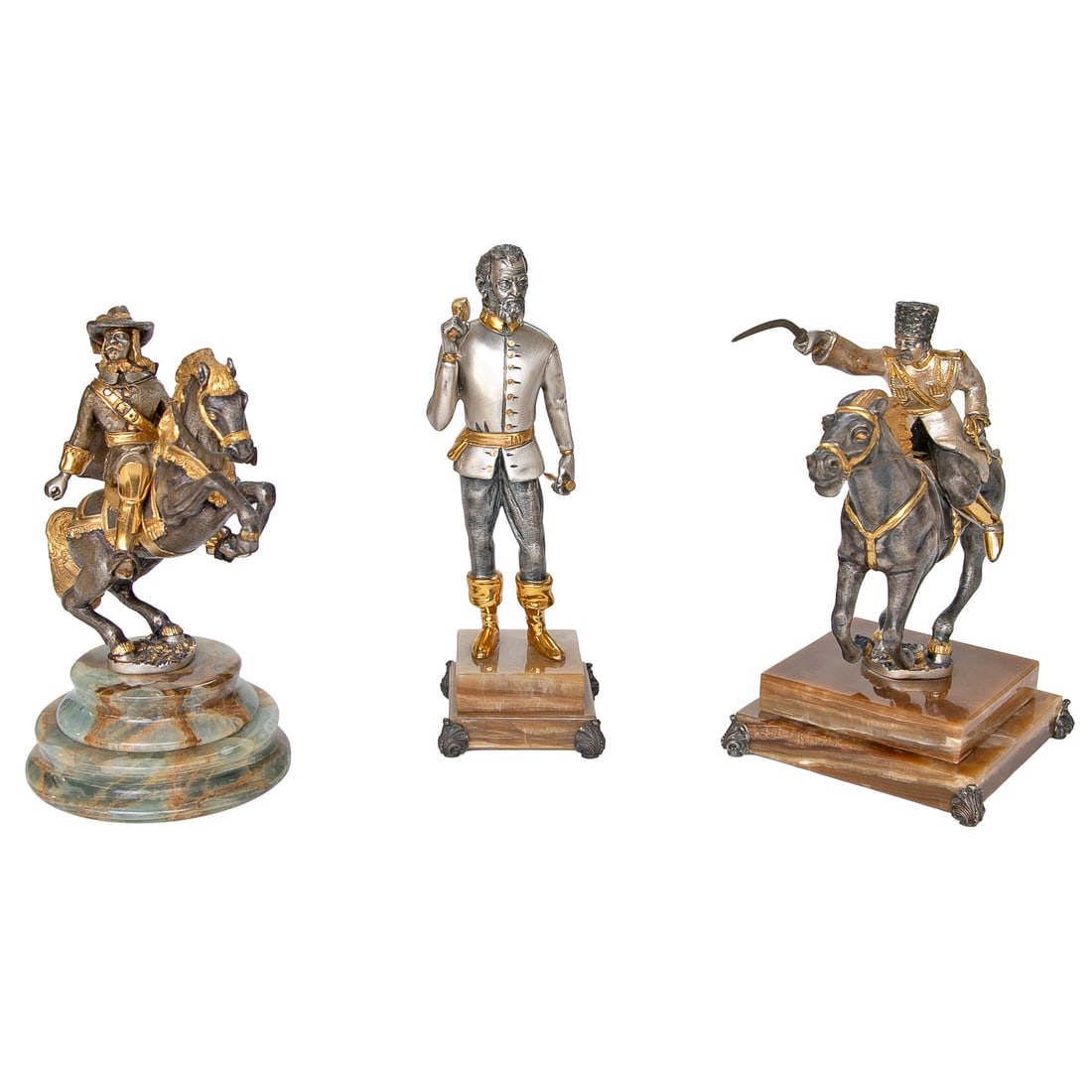 Vintage Giuseppe Vasari (Italy, 1934-2005) Silver and Gilt Bronze Sculptures, Three Total: Vintage Giuseppe Vasari (Italy, 1934-2005) Silver and Gilt Bronze Sculptures, Three Total, Includes One Cossack On Horseback, Holding Saif, in Each Hand, Horse Charging, Resting on Square Onyx Plinth 