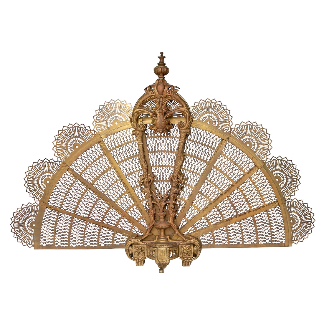 Vintage Louis XV Style Fan Shape Brass Fire Screen: Vintage Louis XV Style Fan Shape Brass Fire Screen, Having Urn Form Top, Center Cartouche Atop Lyre, Leaf Design Side Supports, Ten Pierced Pieces That Form Fan Shape Featuring Pierced Demi Lune Desig