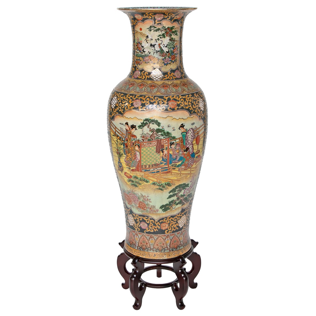Vintage Chinese Porcelain Palace Size Urn on Stand: Vintage Chinese Porcelain Palace Size Urn on Stand, Multi Color Floral Interior Rim, Double Gold Foo Lion Handles, Double Gold Dragons, Front and Back Panels the Same, Top Panels Feature Black Neck Cr