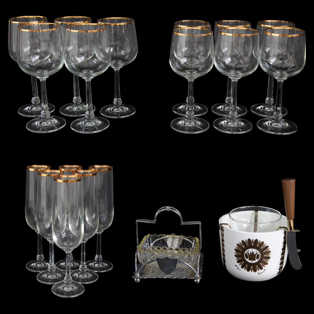 Group of Table Top Items, Nineteen Total Pieces: Group of Table Top Items, Nineteen Total Pieces, Includes Five Vintage Red Wine Glasses Having Gold Rims, 7.75" High, 3.5" Diameter; Six White Wine Glasses Having Gold Rims, 7.5" High, 3.25" Diameter;