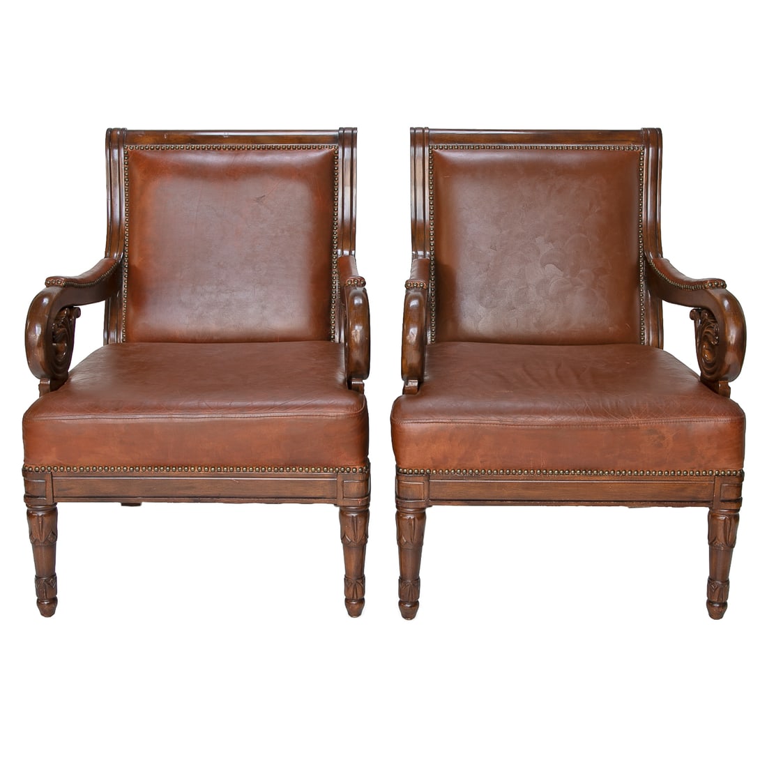 Mahogany and Cognac Leather Arm Chairs, Pair (1 of 12)