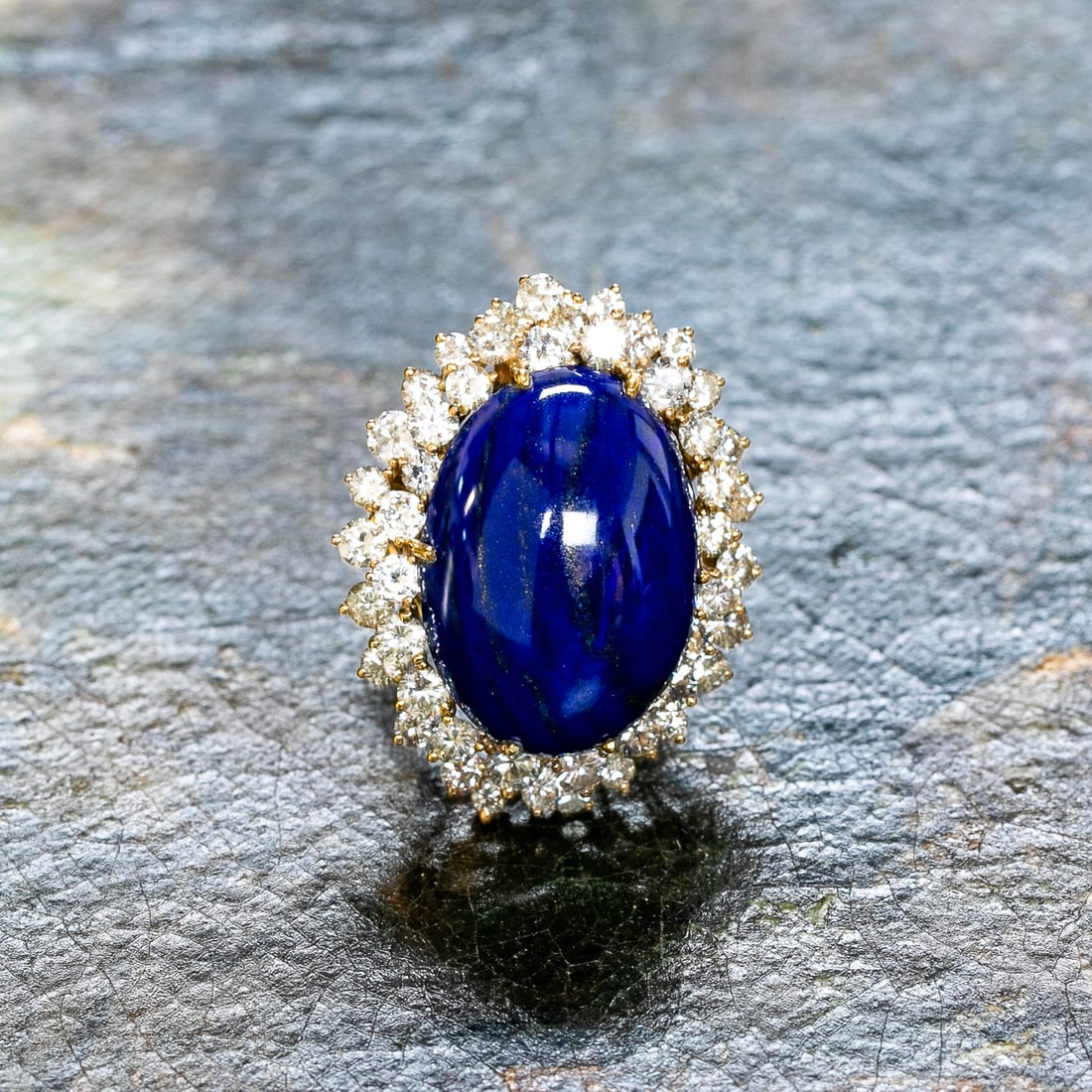 14K Yellow Gold Cabochon Lapis and Round Diamond Ring, Size 6.75: 14K Yellow Gold Cabochon Lapis and Round Diamond Ring, Size 6.75, Consisting of One Oval Cabochon Lapis Surrounded by Forty-Seven (47) Natural Round Brilliant-Cut Diamonds Weighing 4.00 Carats. Diamon
