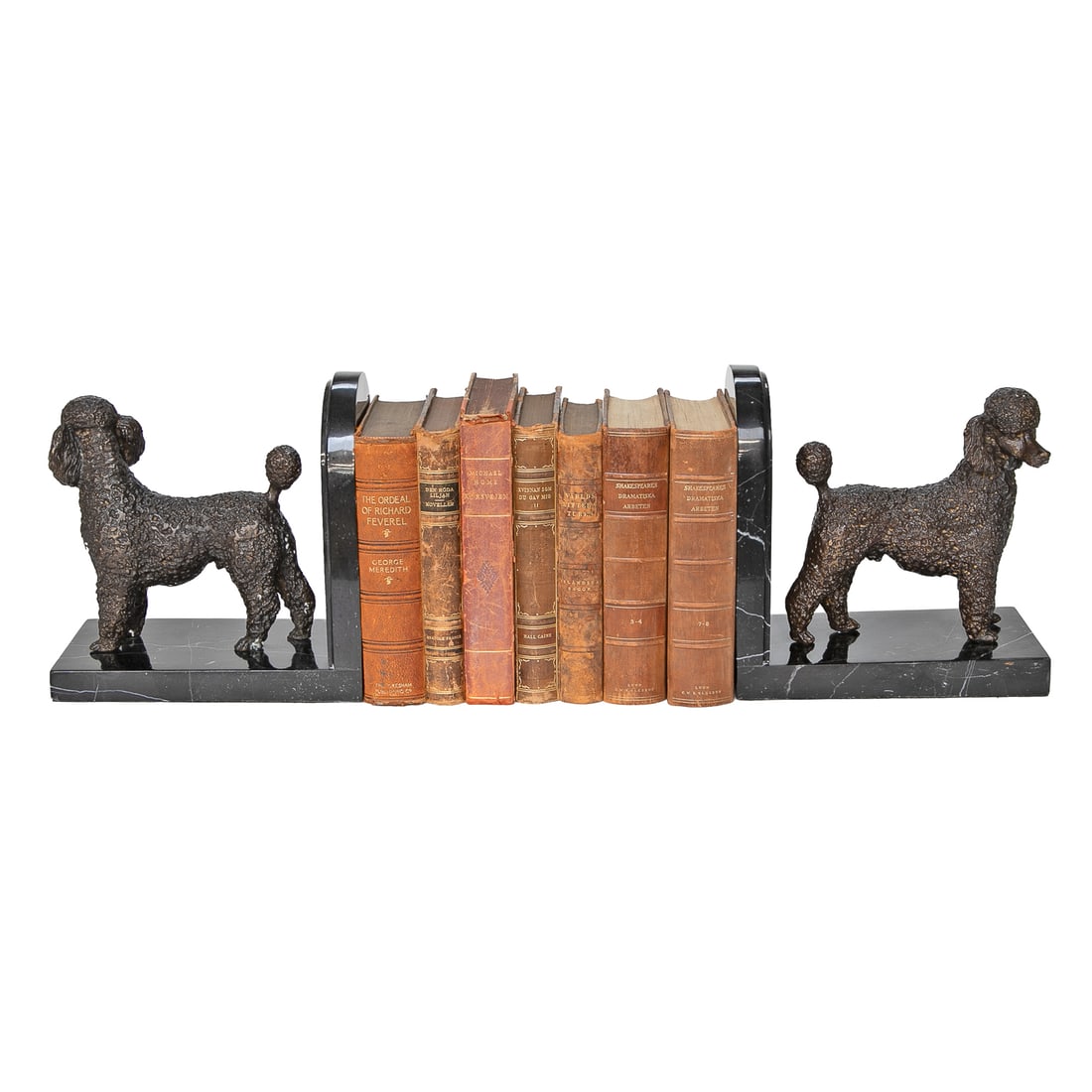 Spelter Poodle Bookends, Pair, Along with Seven Leather Bound Books, Nine Total Pieces, (1 of 9)