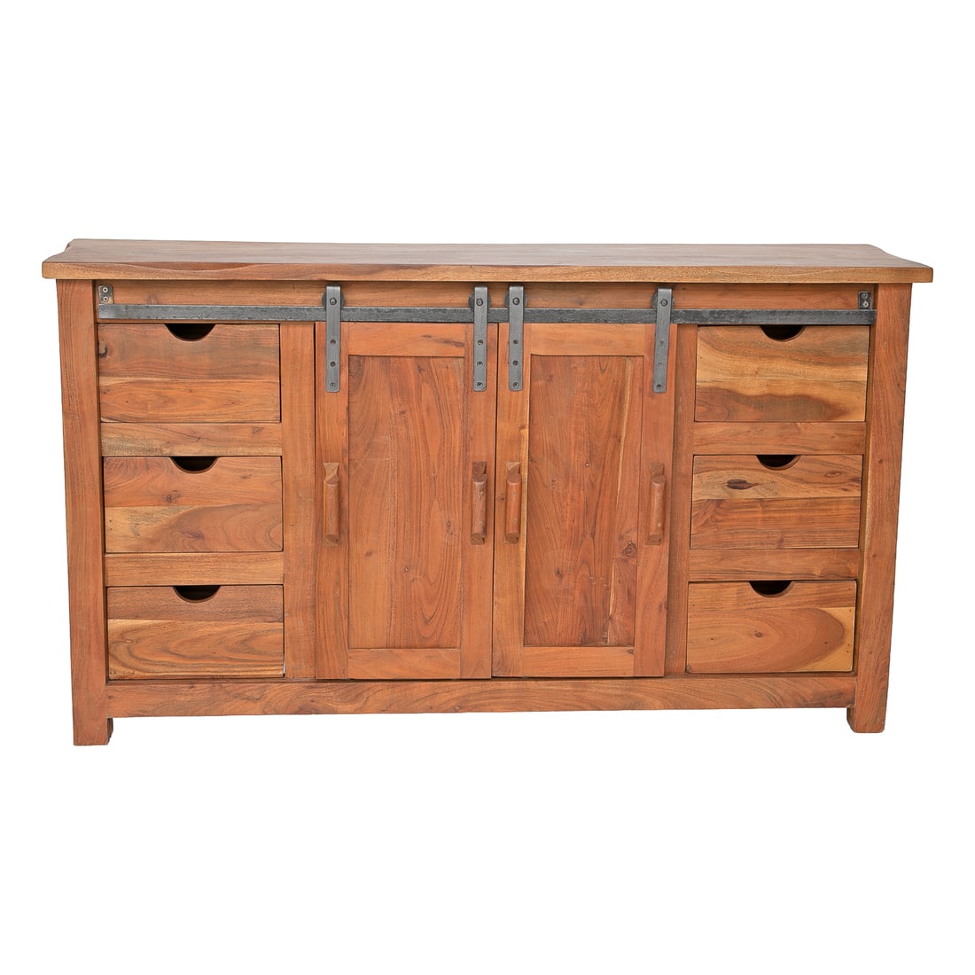 Vintage Acacia Wood Credenza: Vintage Acacia Wood Credenza, Having Sliding Barn Door Style Cabinet Doors with Wood Pulls, Revealing Storage, Flanked by Three Pull Out Drawers on Each Side, Resting on Square Feet. 34" High, 59" Wid