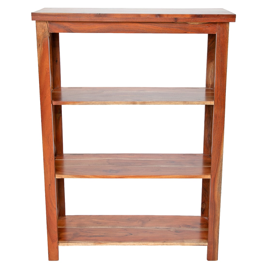 Vintage Acacia Wood Four Tier Stand: Vintage Acacia Wood Four Tier Stand, Having Stationary Top and Bottom Shelves, Middle Two Shelves Having Hinged Shelves, X Shape Side Supports, Resting on Square Legs. 46.75" High, 34" Wide, 14" Deep