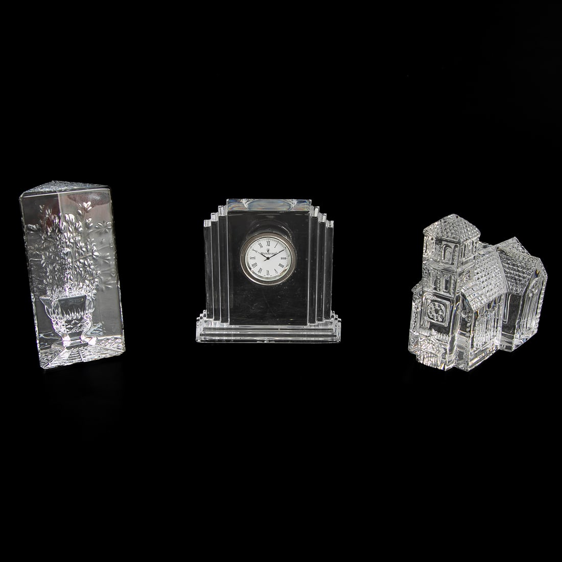 Vintage Waterford Crystal Desk Top Items, Three Total Pieces: Vintage Waterford Crystal Desk Top Items, Three Total Pieces, Includes One Metropolitan Small Quartz Desk Clock, 3.75" High, 3.75" Wide, 1.75" Deep; One Floral Triangular Prism Style Paperweight, 4.5"
