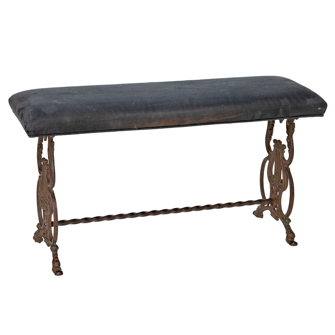 Vintage Iron Upholstered Bench: Vintage Iron Upholstered Bench, Having Leaf and Scroll Design, Pierced Side Supports Featuring Lyre Accent, Twisted Center Support, Resting on Leaf Form Feet, Upholstered in Navy Blue Suede Style Fabr