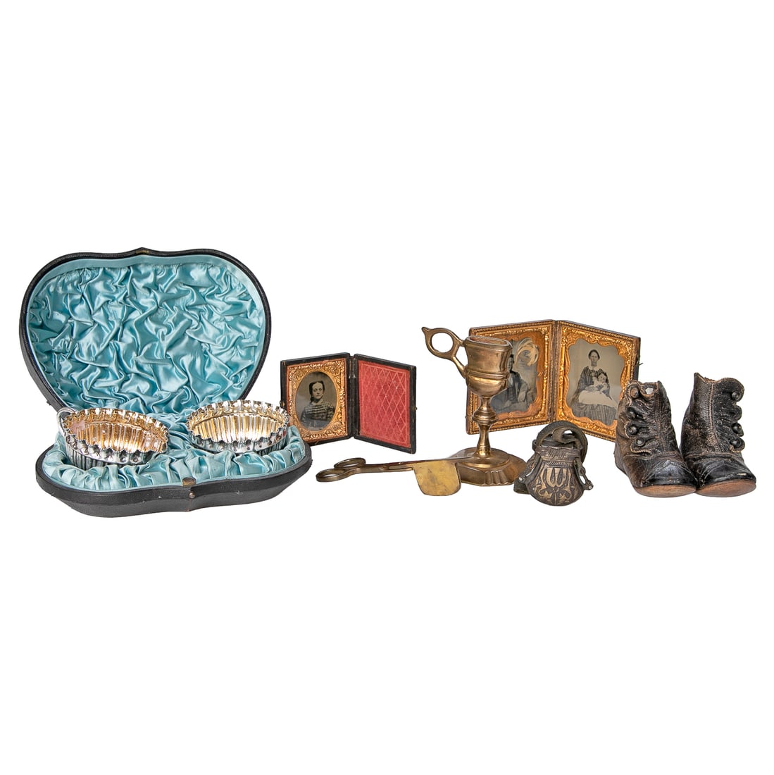 Decorative Table Top/Cabinet Items, Six Total Pieces: Decorative Table Top/Cabinet Items, Six Total Pieces, Includes Pair of Brown Leather Baby Shoes Having Button Closures, Leather Soles, 3" High, 1.5" Wide, 4.25" Deep; One Brass Scissor Stand Holding B