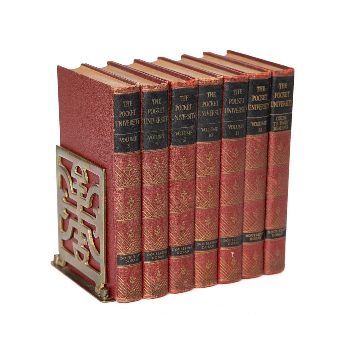 Group of The Pocket University Leather Bound Books and Pair of Brass Bookends, Nine Total Items (1 of 8)