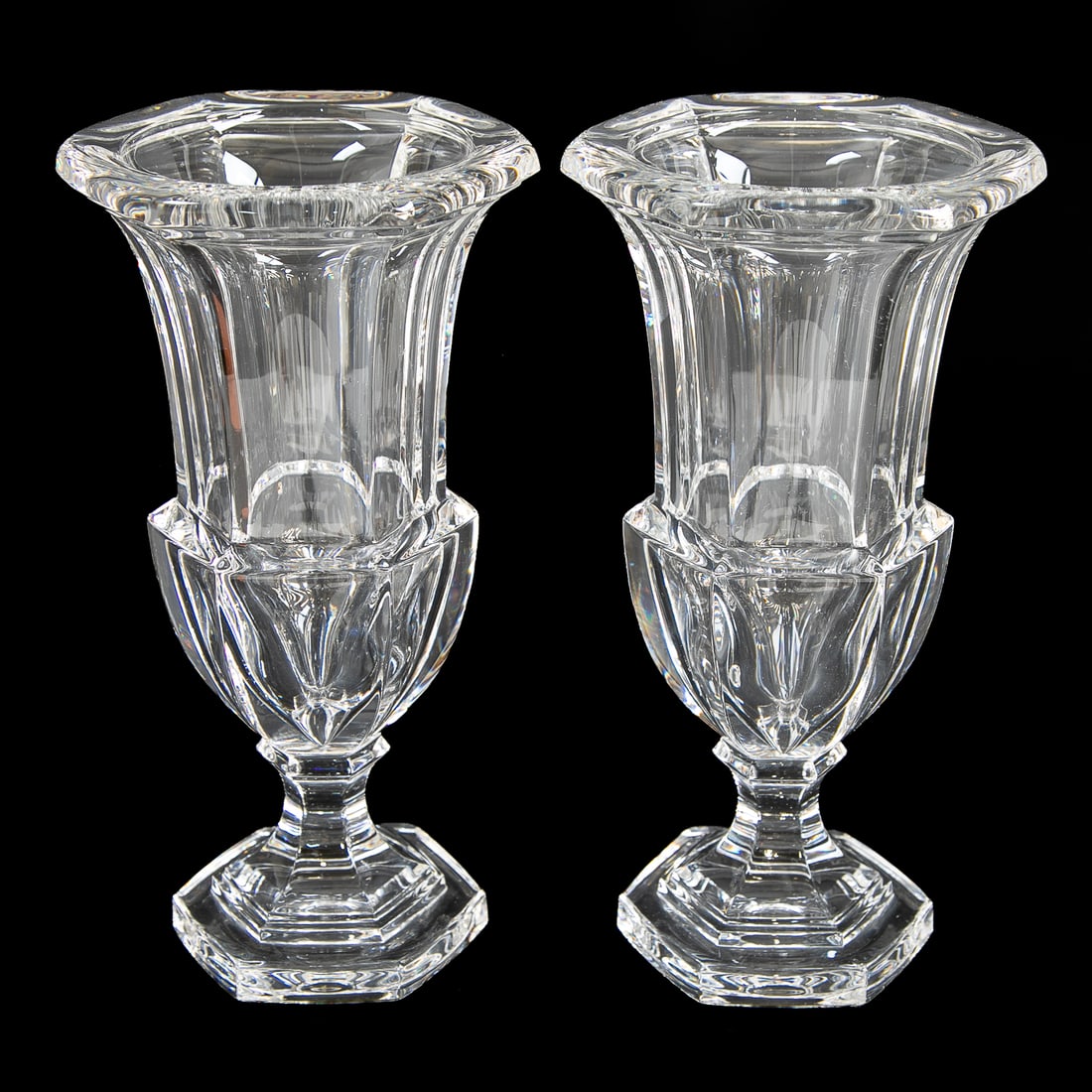Vintage Campana Style Glass Vases, Pair: Vintage Campana Style Glass Vases, Pair, Having Hexagonal Shape Top, Sides, Socle and Base. 10" High, 5.25" Diameter