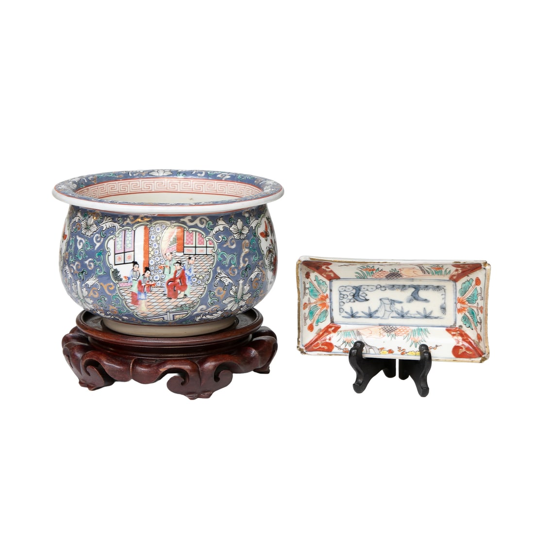 Chinese Porcelain Table Top Items, Two Total Pieces: Chinese Porcelain Table Top Items, Two Total Pieces, Includes One Small Fish Bowl/Planter Having Sky Blue Ground, Gray, White and Turquoise Scroll Designs , Red Greek Key Interior Design, Alternating 