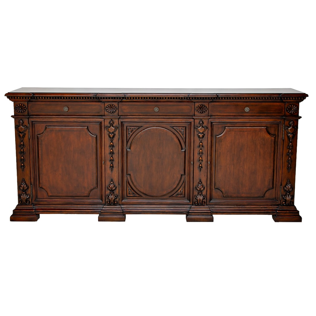 Large Mahogany Credenza: Large Mahogany Credenza, Having Shaped Top, Bead Carved Edge, Three Full Drawers Separated by Carved Floral Designs, Distressed Brass Floral Form Pulls, Over Three Raised Panel Cupboard Doors, Separat