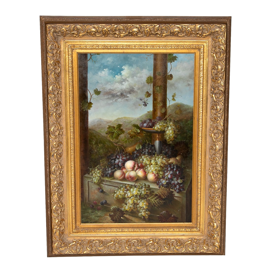 Fruit Still Life, Oil on Canvas: Fruit Still Life, Oil on Canvas, Depicting Grapes and Peaches Resting on Box in Outdoor Setting, Column at Right, Mountains in Background, Signed R. March Lower Left, Housed in Ornate Gold Leaf Frame 