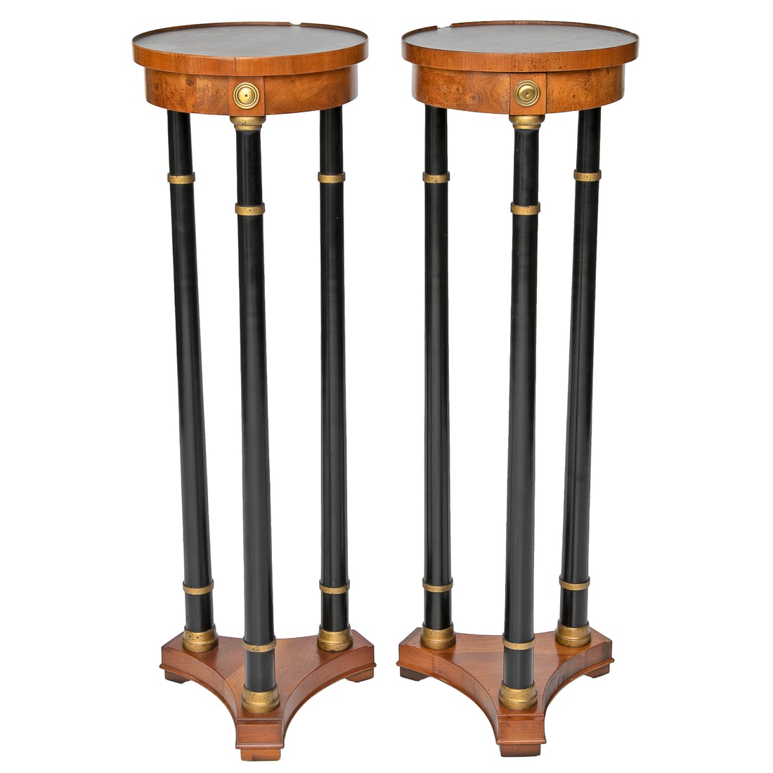 Vintage French Empire Style Plant Stands, Pair: Vintage French Empire Style Plant Stands, Pair, Having Ebony Circular Tops, Satinwood Finish Sides and Frieze, Resting on Three Ebony Columnar Supports, Featuring Gold Accents, Terminating in Triangul